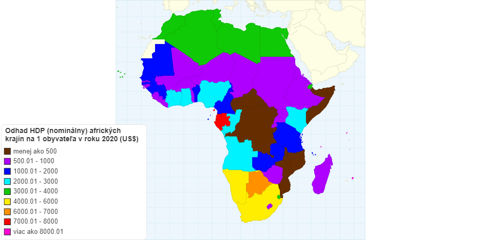 Odhad HDP (nominálny) afrických krajín na 1 obyvateľa v roku 2020 (US$)