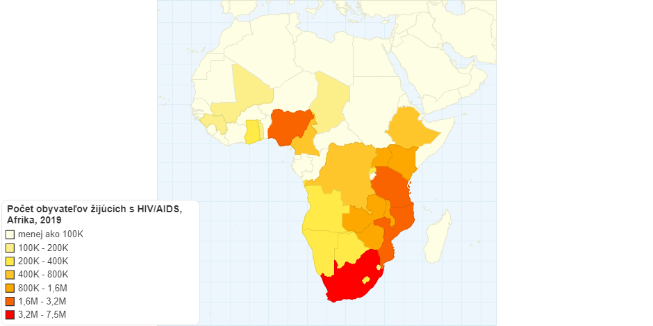 Počet obyvateľov žijúcich s HIV/AIDS, Afrika, 2019