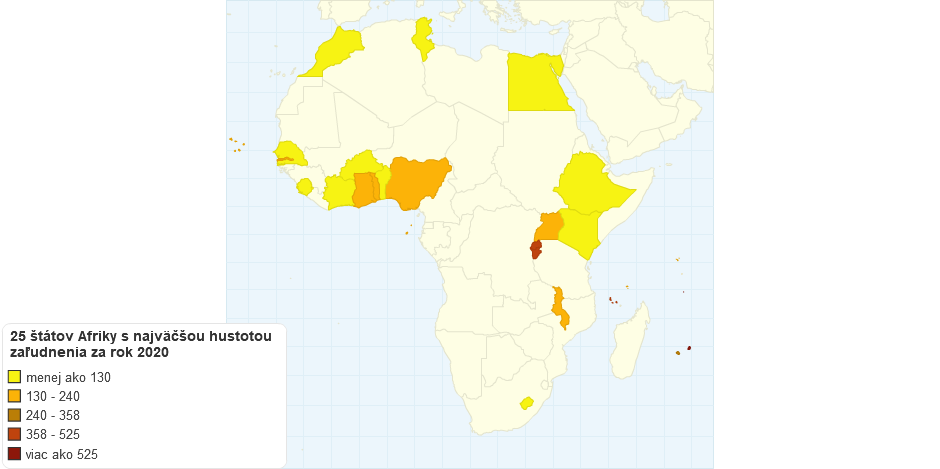 25 štátov Afriky s najväčšou hustotou zaľudnenia za rok 2020