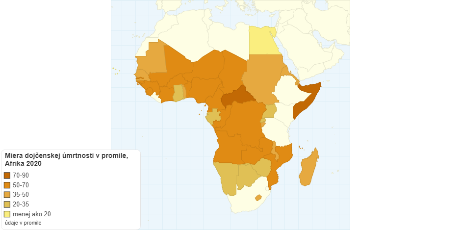Miera dojčenskej úmrtnosti v promile, Afrika 2020