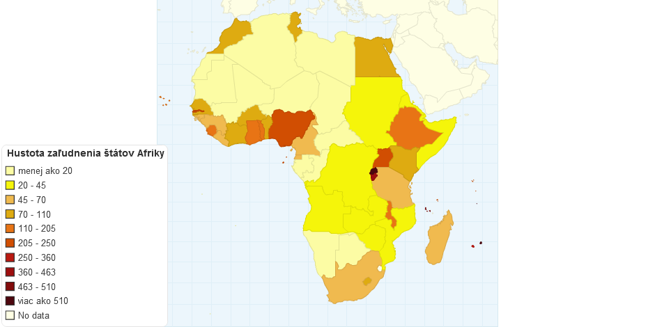 Hustota zaľudnenia štátov Afriky v roku 2020