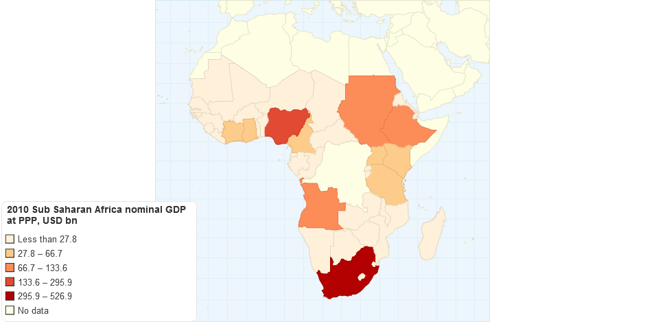 2010 Sub Saharan Africa nominal GDP at PPP, USD bn