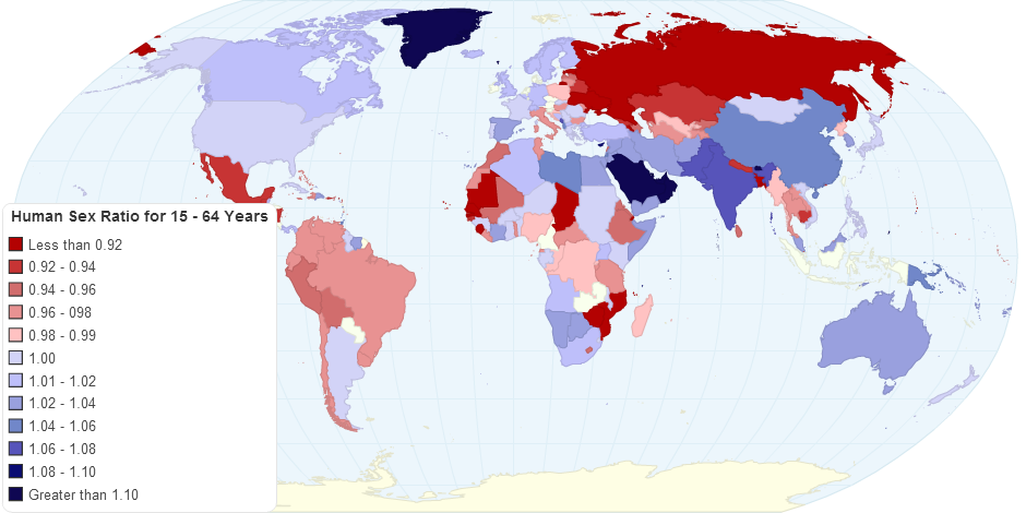 Worldwide Human Sex Ratio 15 - 64 Years