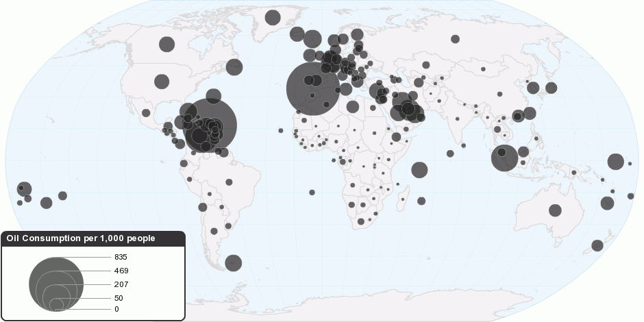 Current Worldwide Oil Consumption per 1000 people