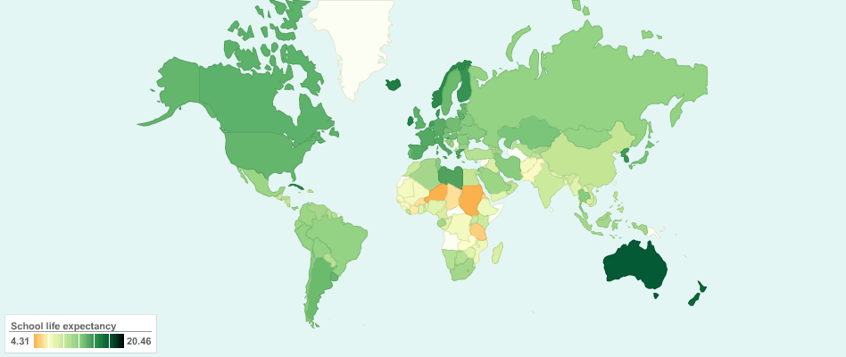 School Life Expectancy, Primary to Tertiary around the World