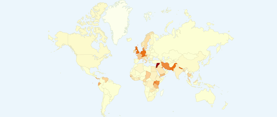 Number of Refugees per 1000 square kilometre by Country