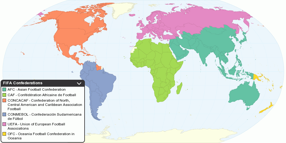 Map of the World with the Six FIFA Confederations