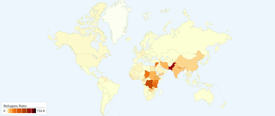 Number of Refugees per 1 USD GDP (PPP) per capita by Country