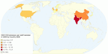 GHG Co2 emission per staff member in 2009 by country