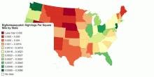 Bigfoot Sightings Per Square Mile by State