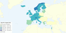 Gdp Per Capital 2013 for EU country participation in FP7 ENV (including climate change) programme