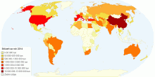 Mapa produkce hroznového vína ve světě za rok 2014