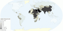 Znečistění ovzduší ve světě (2014) , (koncentrace jemných částic v nanometrech na m3)