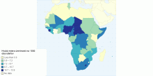 Hrubá miera úmrtnosti (na 1 000 obyvateľov) podľa krajín v Afrike, v roku 2019