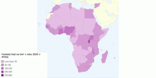 Hustota ľudí na km² v roku 2020 v Afrike