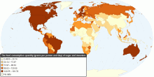 The food consumption quantity (grams per person and day) of sugar and sweeters